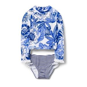 NWT Janie and Jack Girls Floral Striped Rash Guard Set, Wave Blue Floral 6-12m